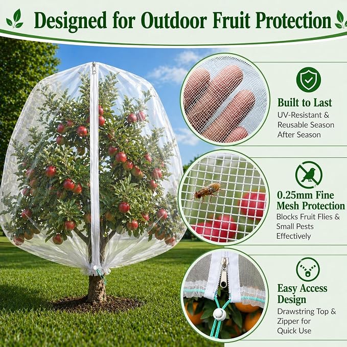 3 Pack 10 x 10 ft Large Fruit Tree Netting Covers with Zipper & Drawstring, Extra Fine Mesh Garden Netting for Blueberry Peach Apple Trees, Protects Fruit from Birds, Squirrels, Deer, Cicadas, Beetles