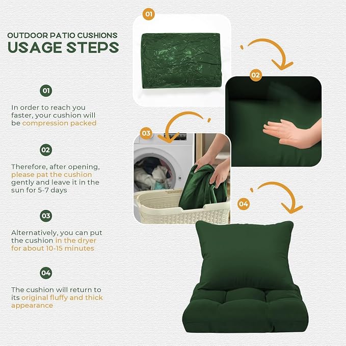 Waterproof Outdoor Chair Cushions Set of 2, Patio Cushions for Outdoor Furniture Water-Resistant & Fade-Resistant, Deep Seat & Back Cushion for Wicker Sofa, 22x22 Inch (Green)