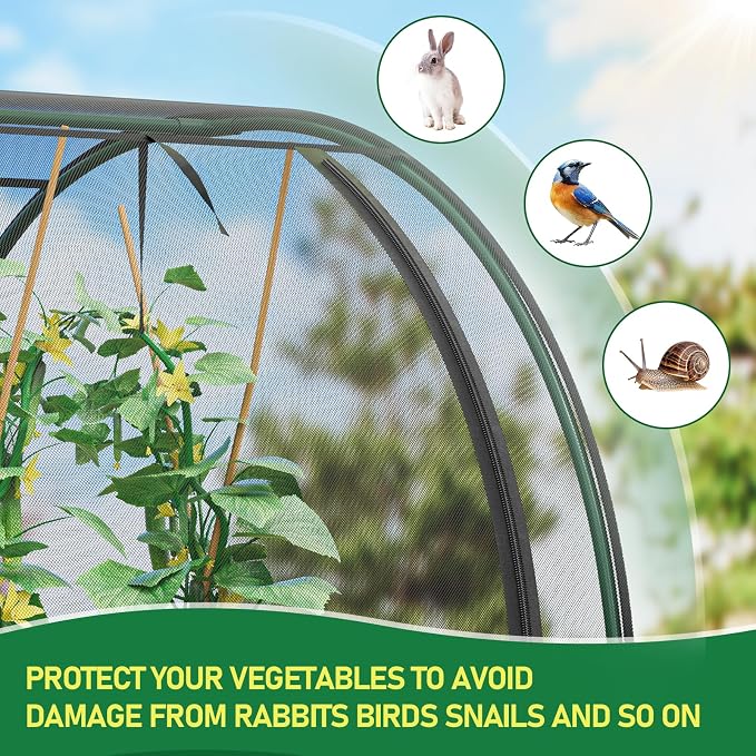 SPECILITE 98x49x49in Garden Plant Netting Mesh Cover for Raised Bed with Roll-up Zipper Door for Vegetables Fruits, Large Tunnel Gardening Net, Black