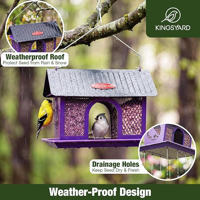 Kingsyard Bird Feeder for Outdoors Hanging, Dual-Use Metal Mesh Wild Bird Feeders with Seed Tray & Weatherproof Roof, 3 lbs Large Capacity, Purple