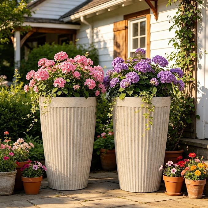 20" Resin Tall Planters for Outdoor Plants,Set of 2 Vintage Ivory Large Flower Pots with Handmade Fluted Texture,Heavy-Duty and Weather-Resistant for Porch Christmas Decor,Garden, Patio