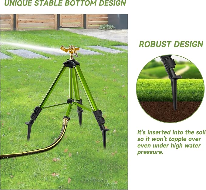 Impact Sprinklers on Tripod Base with Ground Plugs,Heavy Duty Brass Head Sprinkler with 360 Degree Spray,0-44ft Large Area Irrigation,Tripod Sprinkler with Extension Legs for Yard Garden Lawn,1 Pack