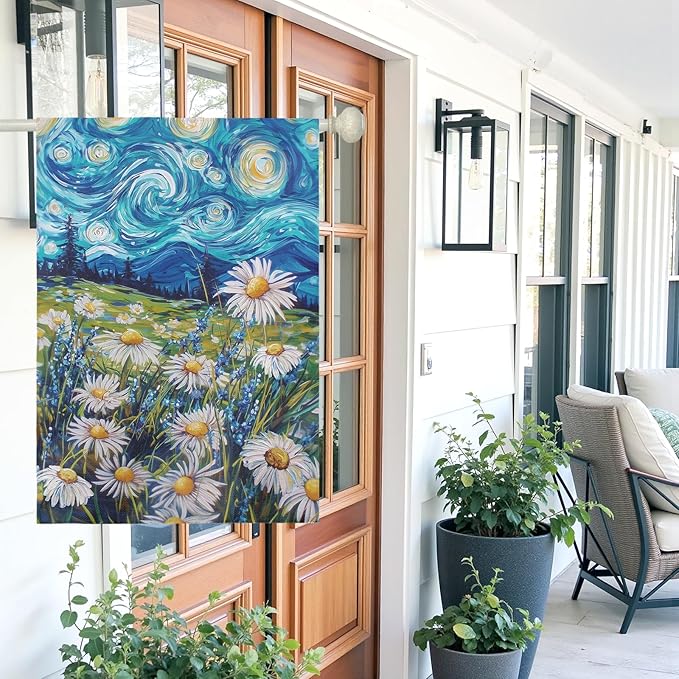 Spring Daisy Large Garden Flag Starry Night Van Gogh Style House Banner Vibrant Floral Meadow Landscape Seasonal Welcome Yard Flags for Summer Patio Lawn Porch Farmhouse Decor 28x40 Inch