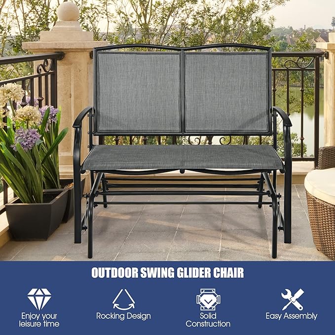 Giantex Patio Glider Benches for Outside, Swing Glider Chair with Steel Frame, 400 LBS Capacity, Patio Swing Rocker, 2-Person Loveseat for Backyard, Poolside, Lawn, Balcony, Porch Glider Bench(Gray)