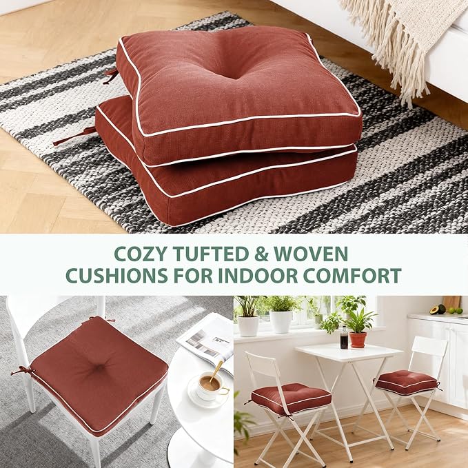 Favoyard Patio Chair Cushions 19 × 19 Inch Water Resistant & 3-Year Color Fastness Outdoor Chairs Cushion for Seat Dining Rocking Wicker Chair Cushion with Tie Straps Tufted Square Pads, Red, 2 Pack