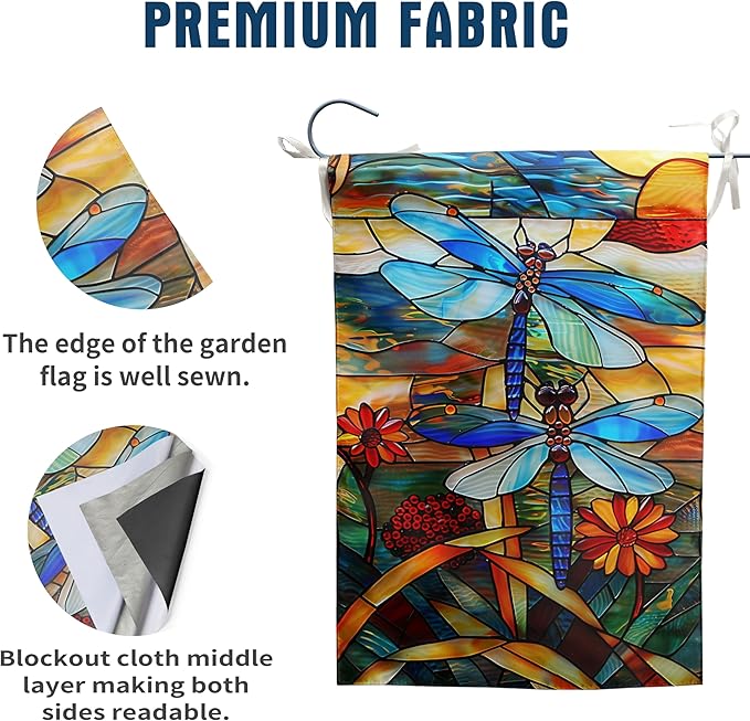 Stained Glass Dragonfly Garden Flag Spring Summer House Flag Fall Floral Decorative Yard Flags for Outside 28x40 Double Sided Large Seasonal Lawn Flags Rustic Outdoor Decor