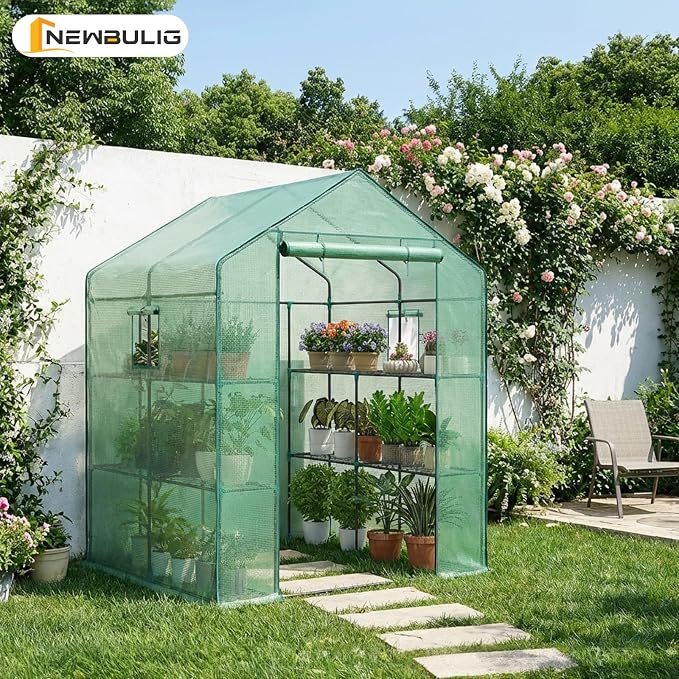 NEWBULIG Outdoor Greenhouse, Walk-in Greenhouse with 2 Tier 8 Plant Shelves, 56"×56"×77" Durable PVC Cover, Portable Greenhouses for Outdoor Garden, Patio, Porch, Backyard Green Houses, Green