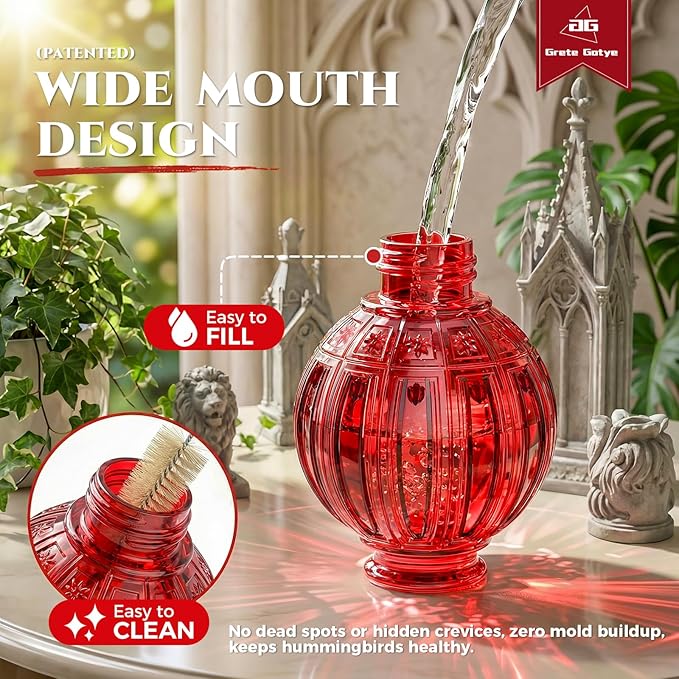 Glass Hummingbird Feeder for Outdoors Hanging, 24Oz Bird Nectar Feeder with Perch & 5 Flower Feeding Ports, Leak Proof for Outside Garden Decor Backyard, Gifts for Women Mom, Red