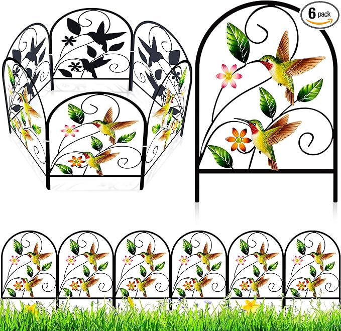 Yaocom Hummingbird Decorative Garden Fence - 6 Pack Hummingbird Metal Fence Panels for Outdoor Yard Patio Decor - Cute Rustproof Flower Bed Border for Small Animal Barrier Spring Garden Accents