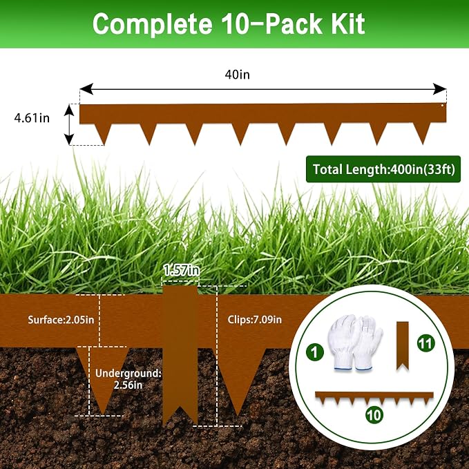 33ft Pre-Rusted Corten Steel Landscape Edging, No-Dig Metal Garden Border, 10 Pack Weathering Steel Interlocking Strips with Clips for Lawn, Path Flower Beds, 4 Inch High