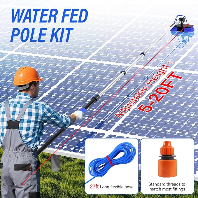 Water Fed Pole Kit,Solar Panel Cleaning Brush and 20Ft Extension Pole,Window Cleaning Pole Kit for High Windows Cleaning,Cleaner Tool with 2 in 1 Window Squeegee and Cobweb Duster