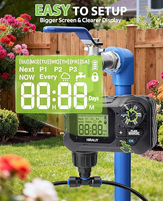 HIRALIY 50FT Pressure Compensated Drip Irrigation System with Timer, No-Leak Quick Connect Automatic Watering System, 12 Adjustable Emitters for Uniform Flow, Garden, Patio, Raised Bed
