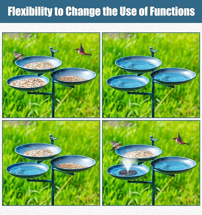 44" H Bird Bath and Feeder for Outdoors, 3 in 1 Free Standing Metal Birdbaths with Cast Iron Bird 4-Prong Stake Base for Outdoors Yard Garden Patio, Blue