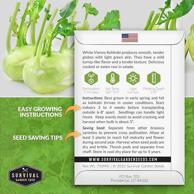 Survival Garden Seeds - White Vienna Kohlrabi Seed for Planting - Packet with Instructions to Plant and Grow Unique Cruciferous Vegetables in Your Home Vegetable Garden - Non-GMO Heirloom Variety