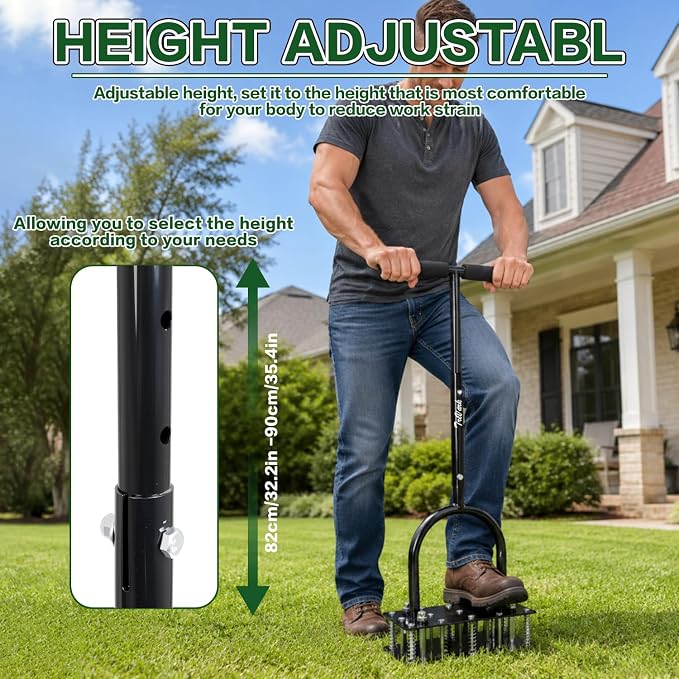 Lawn Aerator, Automatic Dirt and Leaf Clean Design, Heavy Duty Manual Lawn Aerator Tool with 15 Iron Spikes, Height Adjustable, Yard Grass Aerator for Lawn.