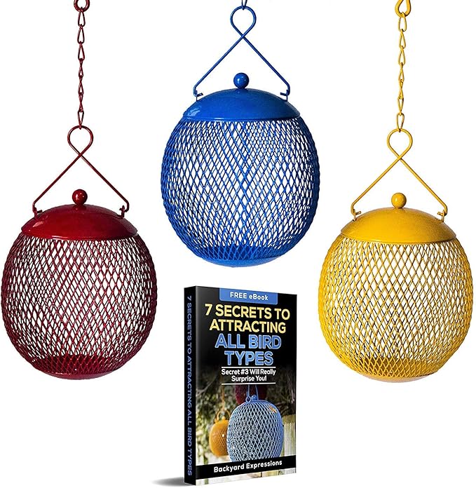 Backyard Expressions - Set of 3 Squirrel Proof Bird Feeders for Outside - Bonus Ebook and Bird Attraction Audio Included - Squirrel Resistant Bird Feeders