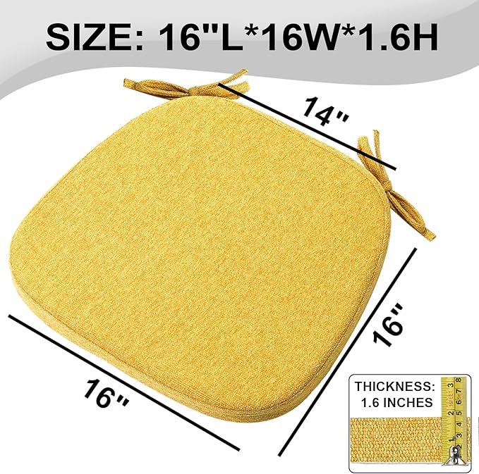 SINOSSO 4 Pack Memory Foam Chair Cushions for Dining Chairs, Friendly Woven Fabric 16" U-Shape Comfortable Kitchen Chair Pads, Removable Slip Resistant Seat Cushions (Set of 4, Yellow)
