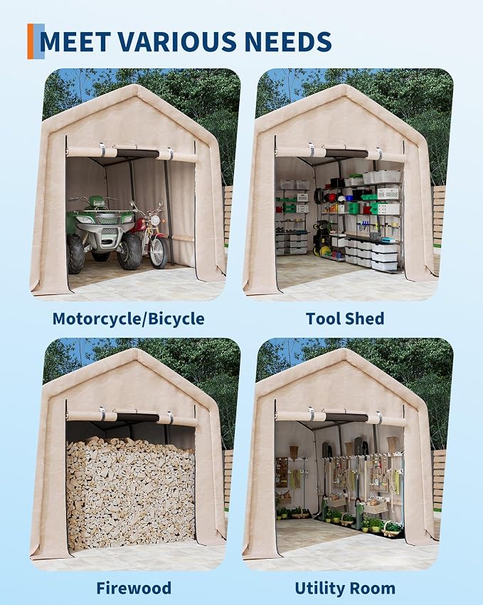 GarveeLife Outdoor Portable Storage Shed with Roll-Up Door & Vent, 240G Heavy-Duty Shelter Waterproof PE Tarp, UV-Resistant Storage Sheds for Motorcycle, Firewood, Garden and Tools (Khaki, 10'x15')