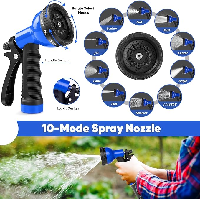 Garden Hose 50 ft, Heavy Duty Stainless Steel Metal Hose, Flexible Water Hose with 10 Function Nozzles, Kink Free, Leak-Proof, Easy to Use and Store for Outdoor, Yard, Lawn, RV, Car Wash