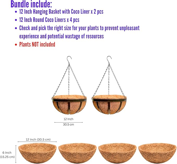 LaLaGreen Bundle- 2 Pack, 12 Inch Hanging Basket with Coco Liner + 4 Pack, 12 Inch Round Coco Liner Flat Metal Iron Plants Flower Holder Hanger Hook Chain Balcony Porch Deck Outdoor Home Garden Decor