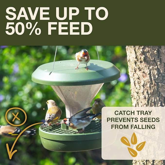 SWISSINNO Bird Feeders - No Mess Hanging Bird Feeder for Outdoors - Smart Birds Davos Spill Proof Wild Cardinal & Small Bird Feeder with Integrated Seed Catcher Tray - Dual Chamber - Green