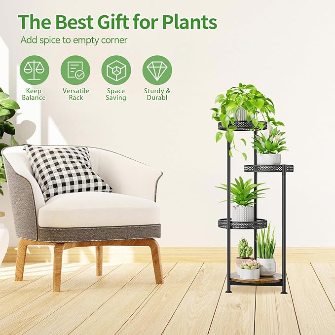 Oppro 4 Tier Plant Stand Indoor Outdoor, Metal Flower Pot Shelf Holder Clearance, Tall Corner Rack for Multiple Plants, Modern Organizer Display for Patio Orchid Office Porch Living Room Garden, Black
