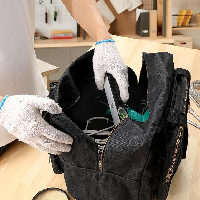 Canvas Tote Bag, 16OZ Waxed Canvas Tool Bag Organizer - 1 Large Capacity & 2 Zipper Pouches - Multipurpose Garden Tote, Tool Storage Tote for Horticulturist Contractor Plumber Electrician - Black
