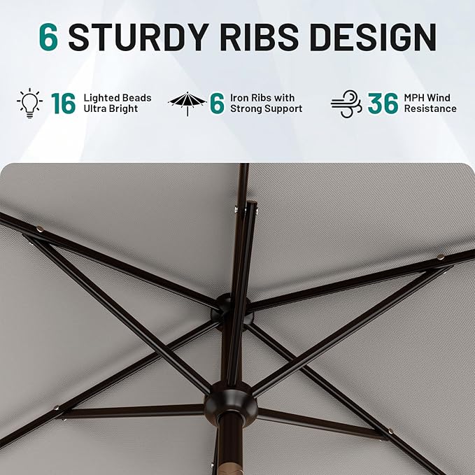 AreShark 6.5' x 10' Rectangular Patio Umbrella with Solar Lights, Solar Powered Lighted Market Umbrella w/Tilt and Crank, Outdoor Table Umbrella for Garden, Deck, Backyard, Pool and Beach, Light Gray