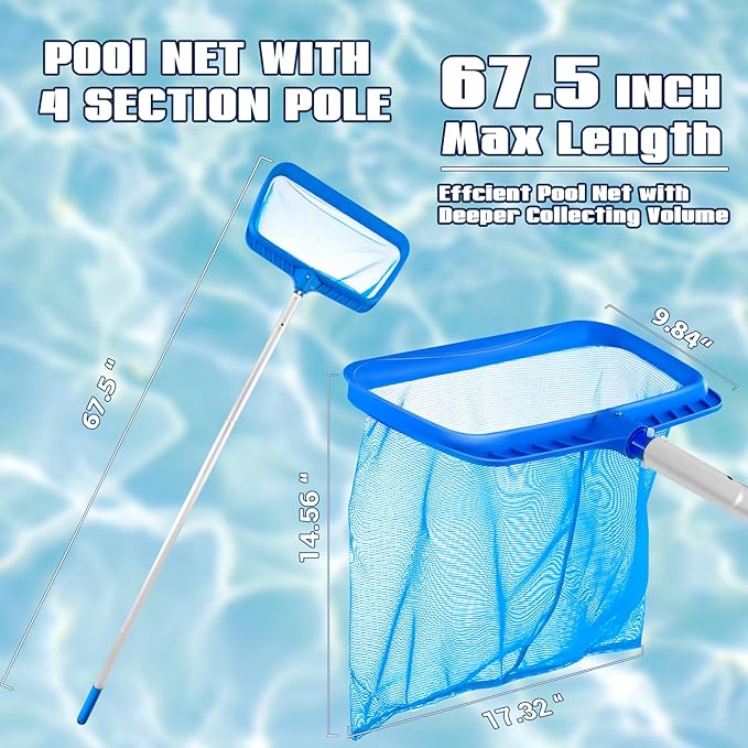 Pool Skimmer - Pool Net with Pole, 4 Section, 26.4"-66.5" Thick Adjustable Telescopic Pole & Fine Mesh Pool Skimmer Net,Larger Capacity Pool Nets for Cleaning, Durable Deep Rake Pool Net Skimmer
