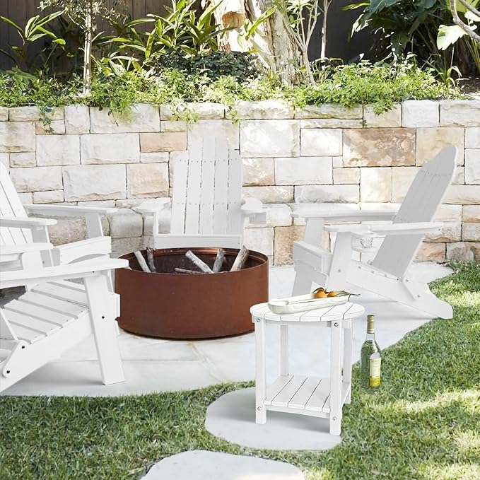GARDENSTAR Adirondack Round Outdoor Side Table 2-Tier Storage Patio Side Table, HDPE End Tables for Backyard Pool Porch Garden Lawn (White)