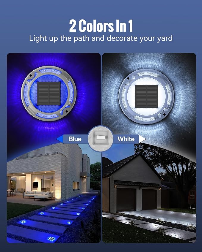 Solar Driveway Lights Dock Lights Waterproof 16 Pack, 2 Colors in 1 Outdoor LED Solar Deck Lights, Solar Powered Walk Way Light Road Marker for Warning Stair Pathway Patio Yard (Blue & White)