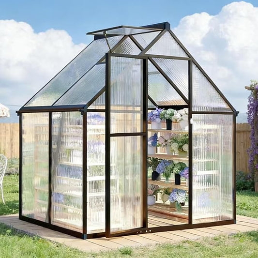 6x4 FT Greenhouse for Outdoors, Polycarbonate Greenhouse with Quick Setup Structure and Roof Vent, Aluminum Large Walk-in Green House for Outside Garden Backyard, Dark Gray