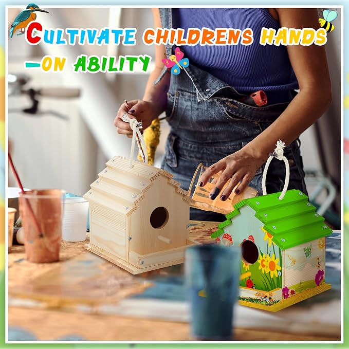 Juexica 4 Pack DIY Birdhouse Kits for Kids Ages 6+ Build and Paint Wooden Bird House Arts and Craft Project with Paint Strips Brushes for Boy Girl Adult Classroom Indoor Outdoor Crafts (Groovy)