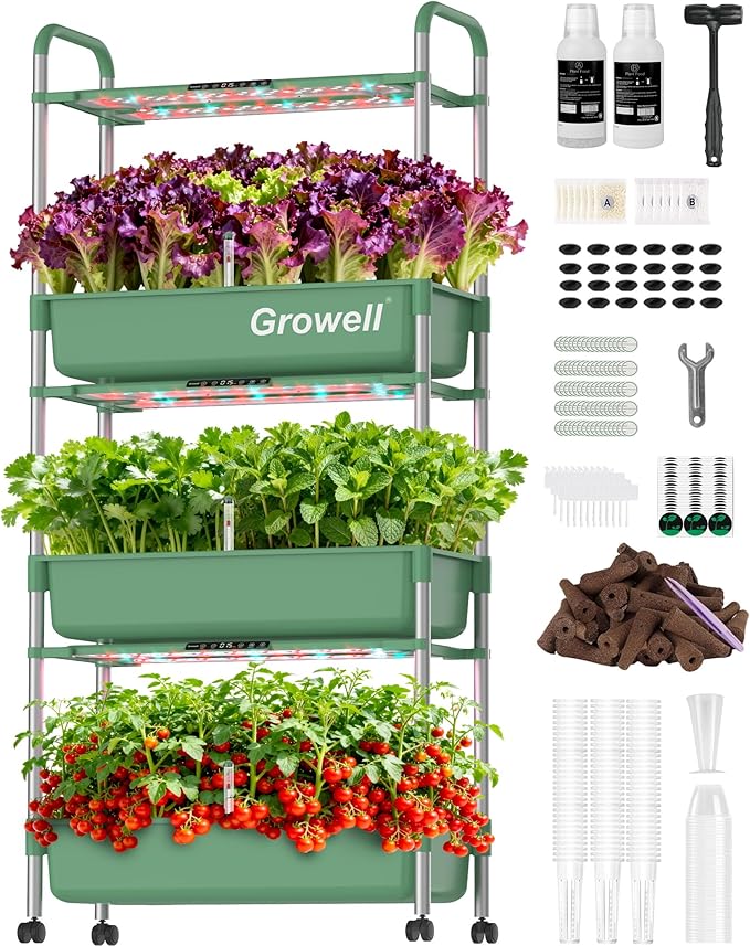 Growell Large Hydroponics Growing System Kit, Vertical Indoor Herb Garden Kit with LED Grow Light & Independent Water Pump, 42L Movable Indoor Planter Perfect Gardening Gifts (3 Tier-81 Pods Green)