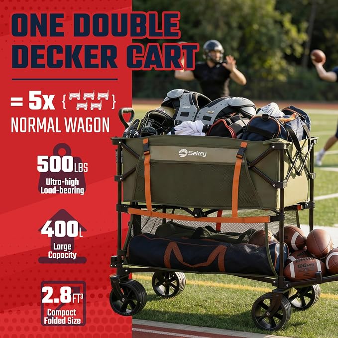 Sekey 500LBS Heavy Duty Double Decker Wagon with Extender, 400L Large Capacity Collapsible Garden Cart Fits 10x10 Canopy, All-Terrain Big Wheels with Brakes, Foldable Utility Wagon for Sports, Camping