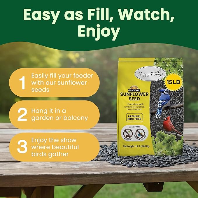 Happy Wings Black Oil Sunflower Seeds Wild Bird Food- 15 Pounds | No Grow Seed | Bird Seed for Wild Birds