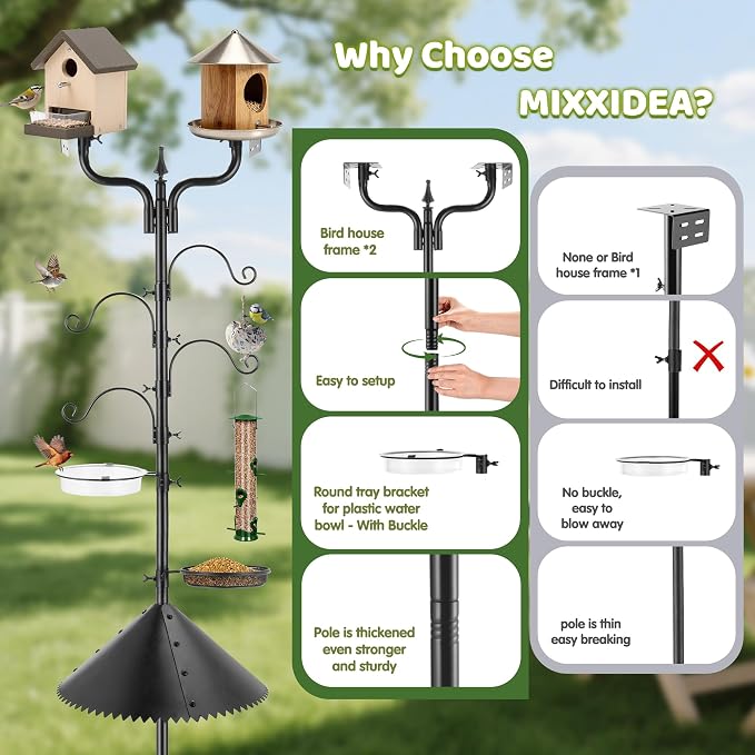 Upgraded Bird House Pole Squirrel Proof,Heavy Duty Bird Feeder Pole with Squirrel Baffle,4 Hooks,Wind-Resistant Water Bowl,Mesh Tray,Y-Shape Platform for Yard Garden Backyard(Not Include Birdhouse)