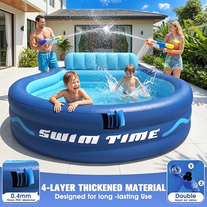 Inflatable Pool with Seats and Headrest,Oversized Thickened Large Blow Up Pool for Audlt,Inflatable Backyard Pools for Adult,Durable Swim Center Inflatable Family Lounge Pool 90"×90"×20"-Navy