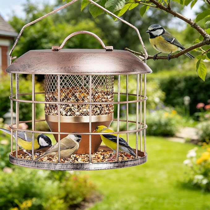 Metal Caged Bird Feeder, Squirrel Proof Bird Feeders for Outdoors Hanging, Wild Birds Feeder for Small Sparrows Finchs, Squirrel Chew-Proof Birdfeeder for Outside Backyard Birding Watching Gifts