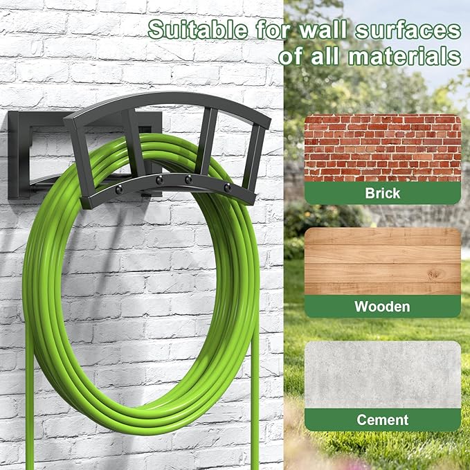 OLV Garden Hose Holder Wall Mounted, Outdoor Heavy Duty Metal Water Hose Holder Hanger Holds 125-ft Water Pipe, Sturdy Detachable Hose Storage Organizer Reel Rack for Outside Garden Lawn Yard Farm