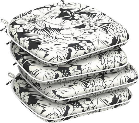 DYTXIII Set of 4 Outdoor Chair Cushions with Ties,Water Repellent Patio Chair Pads 17"x 16" for Outdoor Furniture,Round Corner Seat Cushions for Garden Yard Kitchen Tropical Blossom Noir