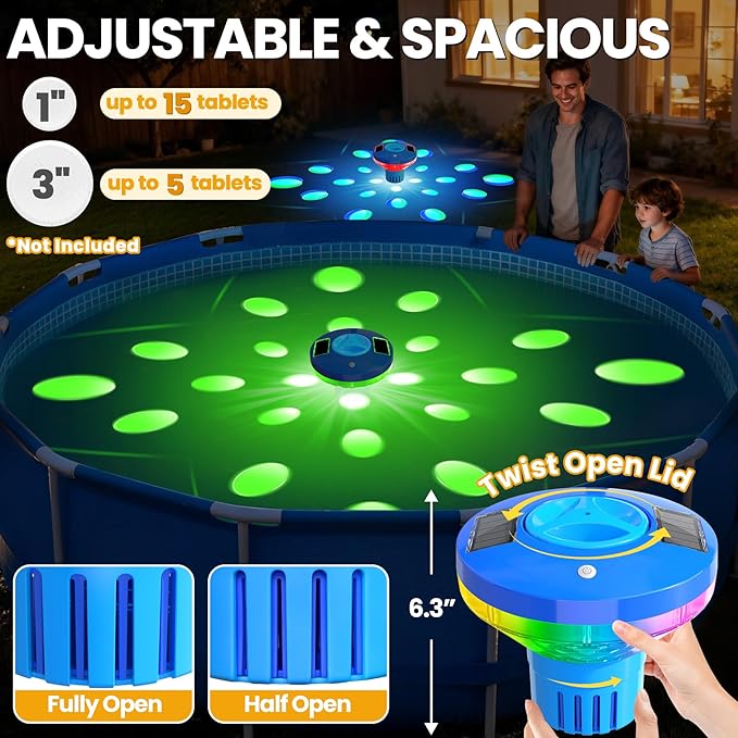 AquClor 2026 New Pool Chlorine Floater,Large Capacity Chlorine Floaters for 5 * 3'' Chlorine Tabs,Solar Chlorine Floater w/Light,Adjustable Floating Chlorine Dispenser for Pool,Hot Tub,Light Blue