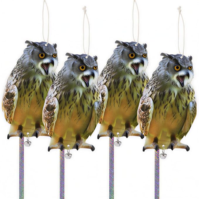 Owl to Keep Pigeons Away, 4Pcs Flat Plastic Owl to Scare Woodpecker from House, Fake Owls to Scare Pigeon Squirrels, Hanging Garden Owls with Reflective Tape for Roof Porch Patio Window Yard Balcony