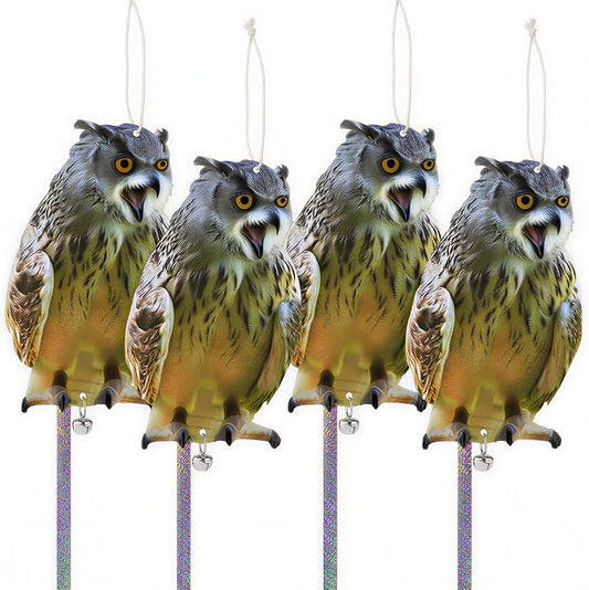 Owl to Keep Pigeons Away, 4Pcs Flat Plastic Owl to Scare Woodpecker from House, Fake Owls to Scare Pigeon Squirrels, Hanging Garden Owls with Reflective Tape for Roof Porch Patio Window Yard Balcony