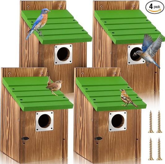 Dreyoo 4 Pack Bluebird Houses for Outside with Metal Predator Guard, 1-1/2" Entrance Hole Wooden Blue Bird Houses for Outdoors, Bluebird Nesting Box (Green Roof, Burnt Wood Body)