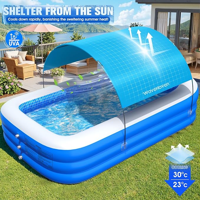 2026 Inflatable Pool with Canopy,Upgraded Blow Up Pool for Adults&Kids,Large Inflatable Pool with Seat and Big Backrest,Kiddie Pool with Shade,Kid Swimming Pool for Backyard 110"x63"x20"Cyan