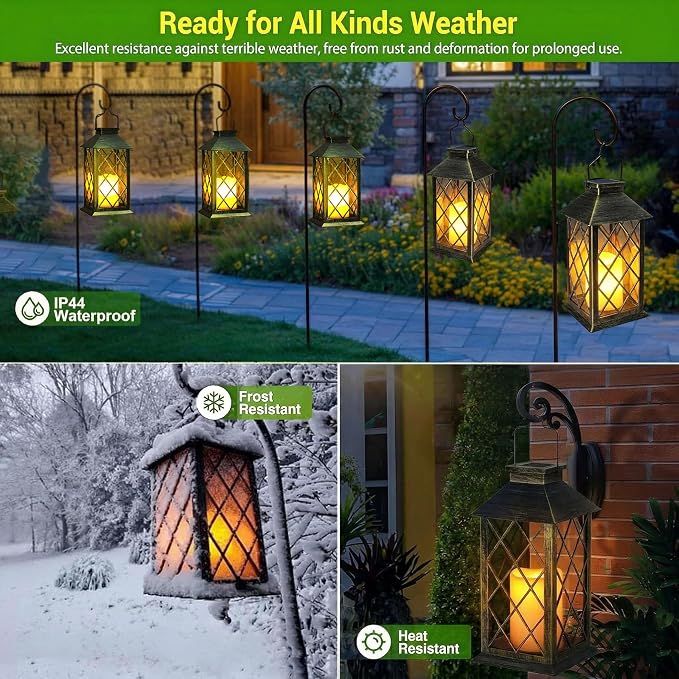 Yowin Solar Lanterns Outdoor Waterproof 14" Large Tempered Glass Solar Hanging Lantern for Outside with Flickering Candle, Mother's Gift Ideas, Wall Lamp for Garden Patio Vintage Decorations - Bronze