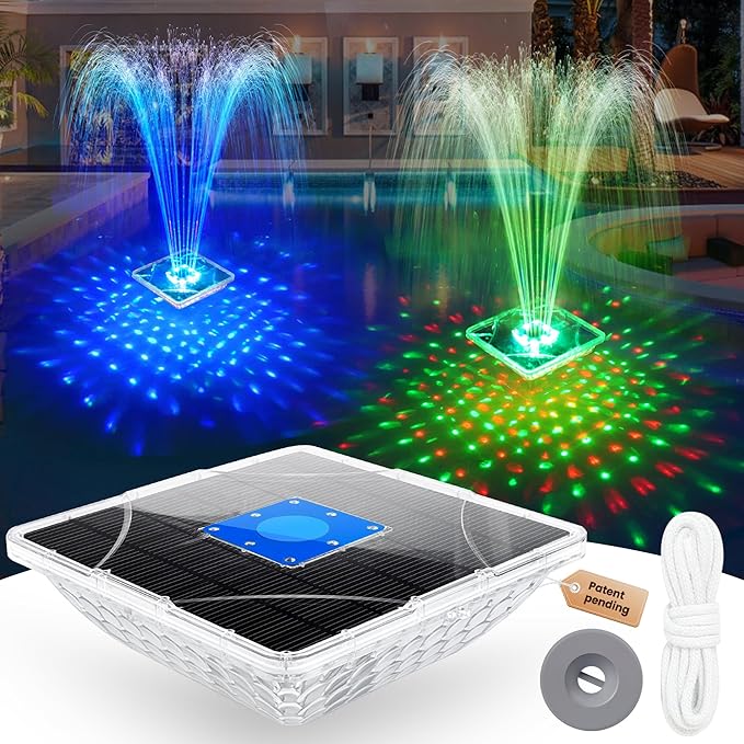 ChlorStar Upgraded Solar Fountain with Light Show,Large Solar Pool Fountain with Anchor,Square Floating Pool Fountains for Inground Above Ground Pool,Solar Water Fountains Pump for Pool-Dark Blue,1PC
