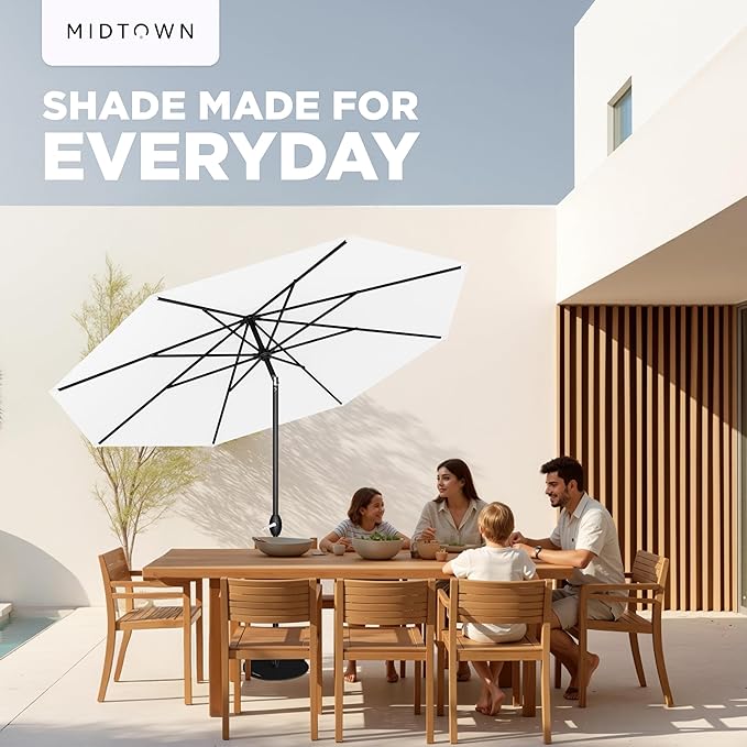 Midtown Umbrellas - 10-Year-No-Fade 9 Ft Patio Umbrella with Terylast Fabric, Auto-Tilt Aluminum Frame and 8 Reinforced Ribs for Deck, Pool, Garden & Beach - Ivory White Canopy, Black Pole