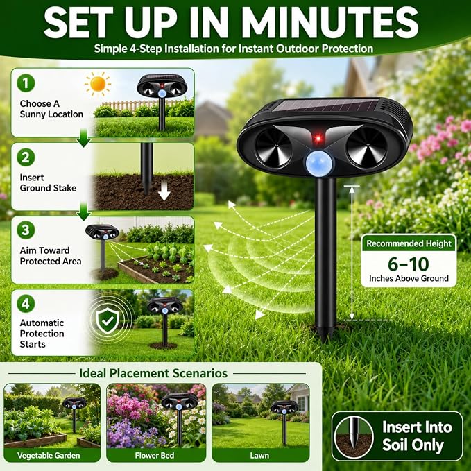 Upgraded Solar Ultrasonic Animal Repellent Outdoor for Squirrel,Dog,Raccoon,Skunk,Rabbit,4 Pack Cat Deterrent Sonic Deer Repellent Devices USB Charge Animal Repeller for Yard Garden,Black